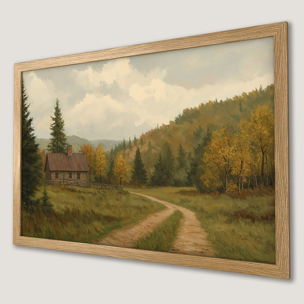 Framed Poster featuring a rustic cabin in a serene landscape. Warm earth tones and vintage style create a cozy, inviting atmosphere. Perfect wall art!