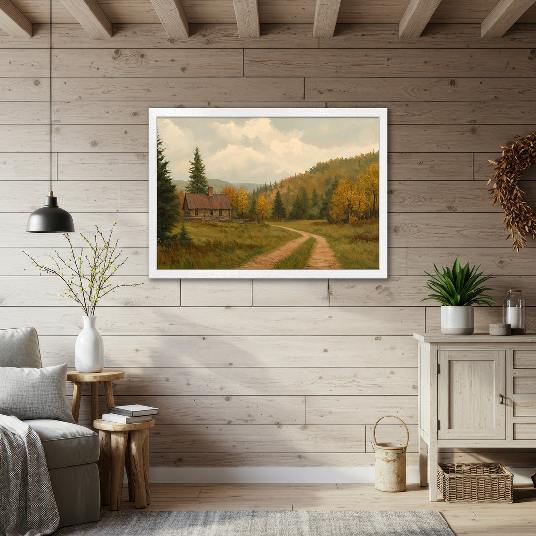 Framed Poster of a rustic cabin scene in warm autumn colors. Perfect wall art for a cozy, inviting home.