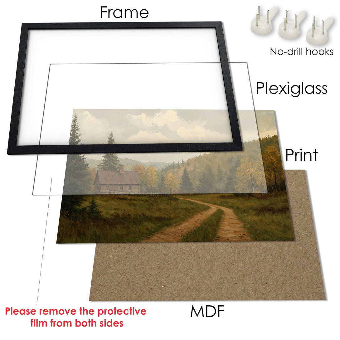 Framed Poster of a rustic cabin landscape in a warm, earthy palette. Bring nature indoors!
