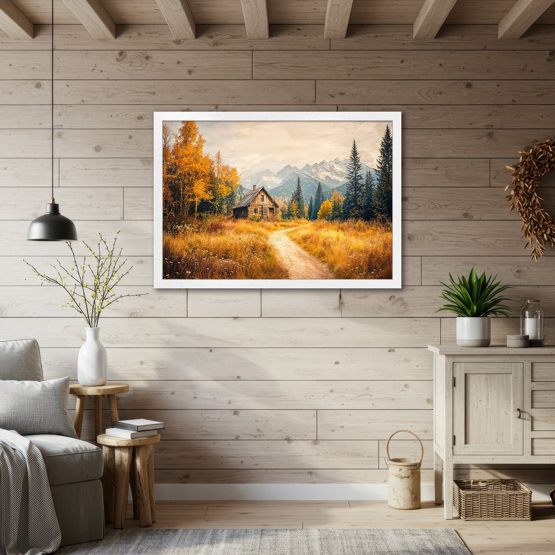 Framed Poster of a cabin in the mountains. Rustic style, warm autumn color palette. Perfect wall art for a cozy home.