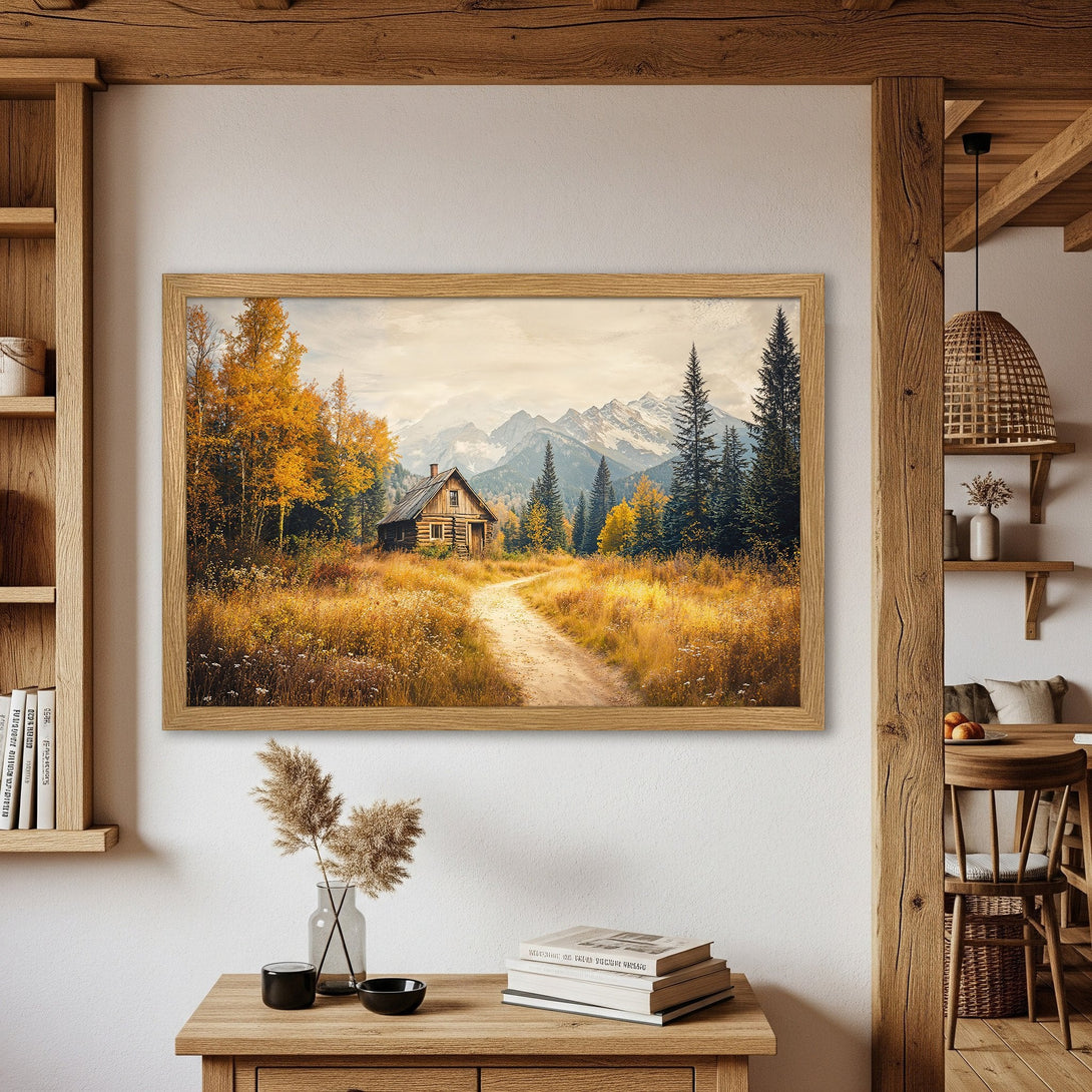 Framed Poster of a cabin in a mountain landscape. Rustic style, warm autumn color palette. Perfect wall art for your home!