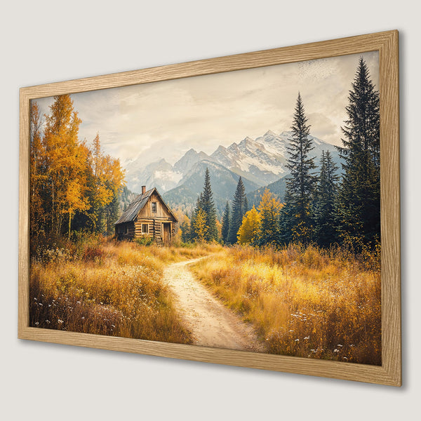Framed Poster of a cabin in a serene landscape with warm autumn colors. Perfect wall art for a cozy home!