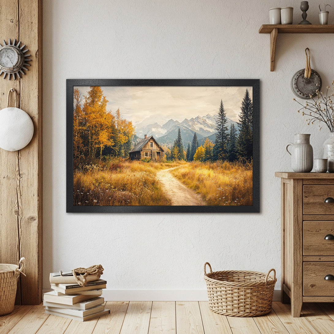 Framed Poster of a cabin in the mountains. Rustic style with warm autumn colors. Perfect for home decor!