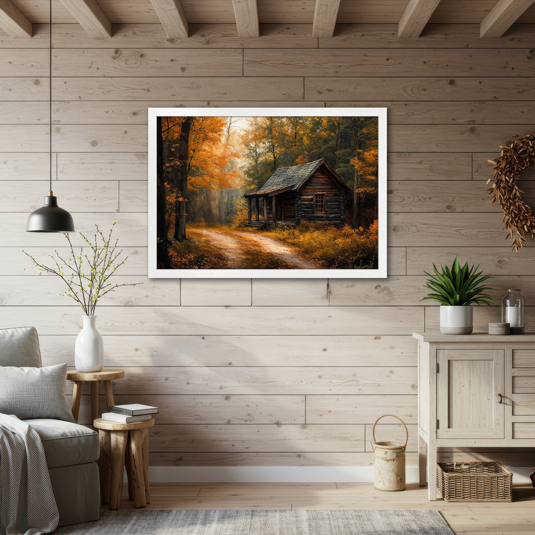 Framed Poster of a cabin in an autumn forest. Warm, inviting art with a rustic style and orange/brown color palette. Perfect wall decor.