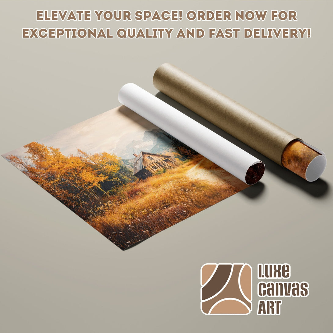 Poster Roll of cabin in autumn landscape art, warm color palette. Order your art today!