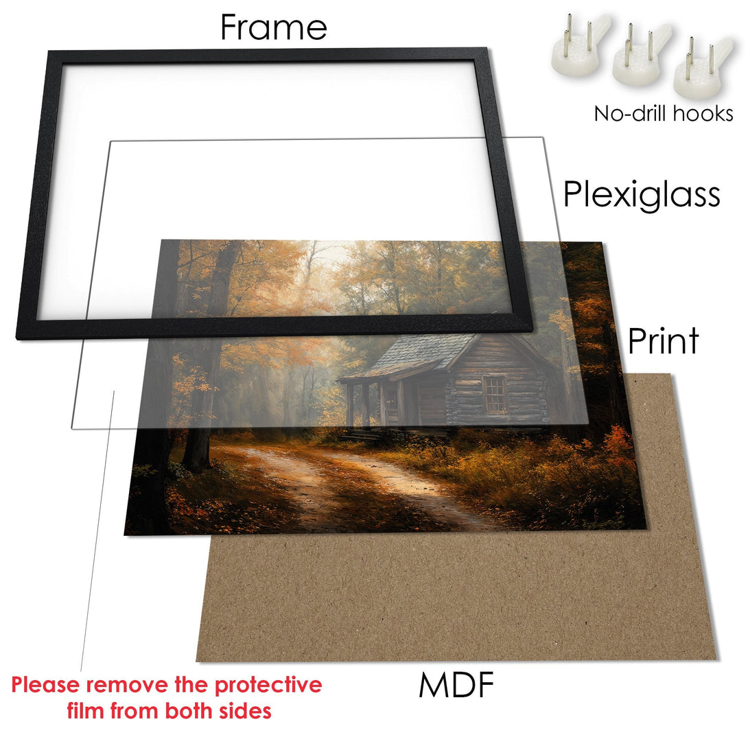 Framed Poster of a cabin in an autumn forest, warm color palette, perfect for home decor.