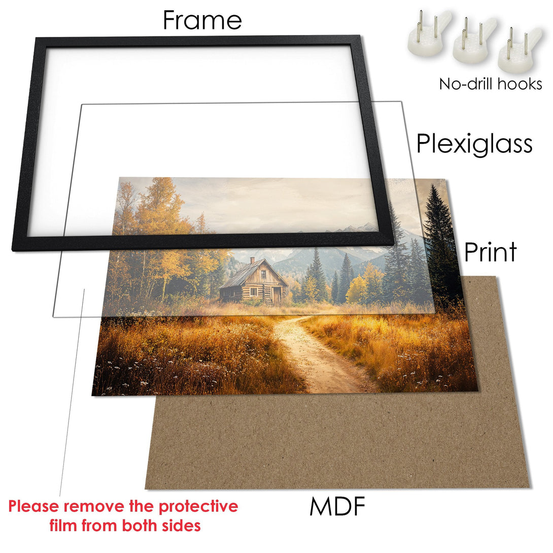 Framed Poster of a cabin in a warm, autumnal landscape. Rustic style with golden, brown, and green hues. Perfect wall art!