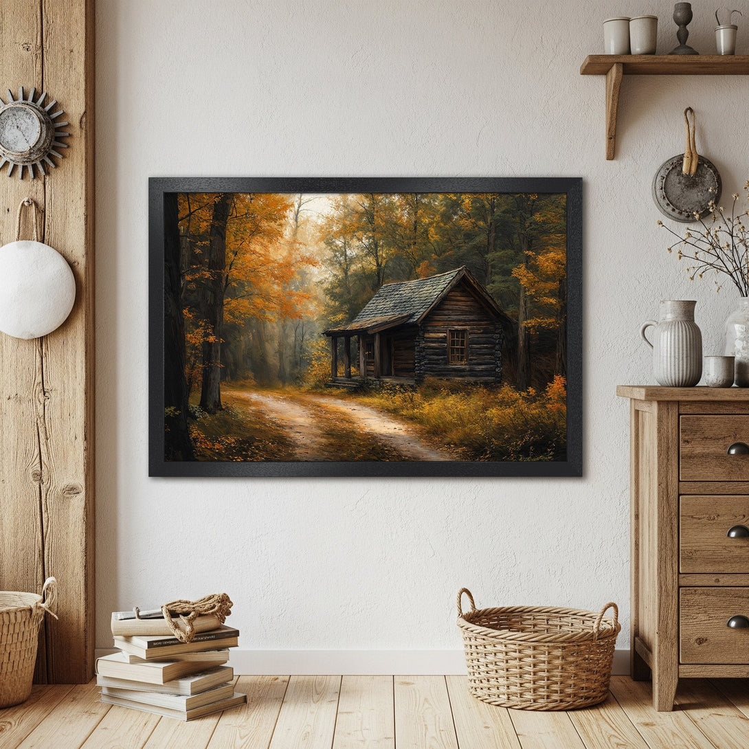 Framed Poster featuring a cabin in an autumn forest. Warm, inviting art in a rustic style with a golden color palette. Perfect wall decor!