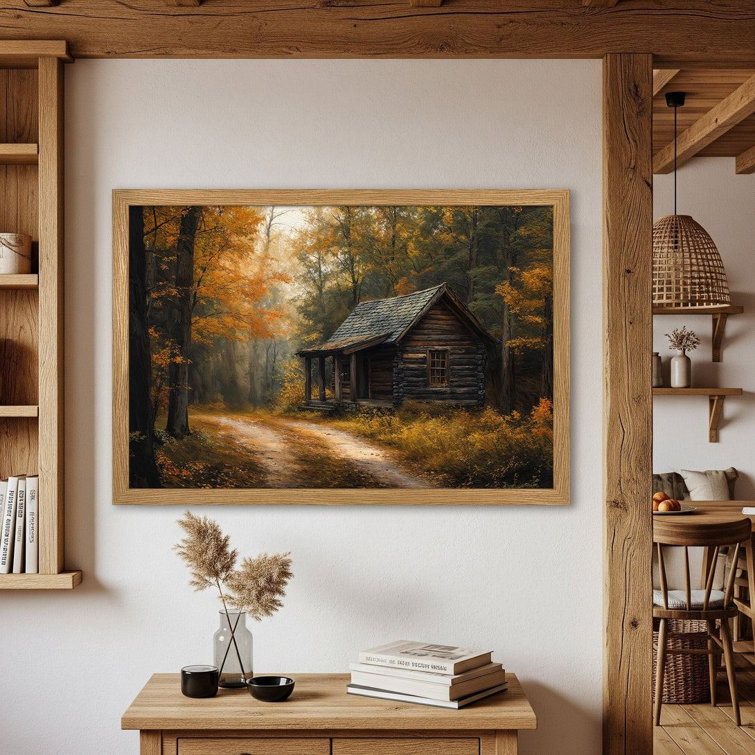 Framed Poster of a cozy cabin in a vibrant autumn forest. Rustic style with warm orange, brown, and green color palette. Perfect wall art!