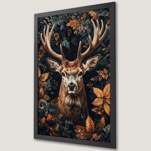 Framed Poster featuring a majestic deer surrounded by autumn leaves. Warm earth tones and dark greens create a stunning nature-inspired art piece.