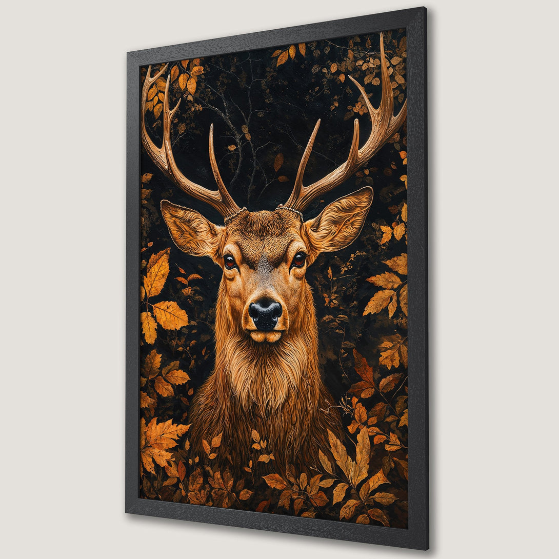 Framed Poster featuring a majestic deer in a forest setting, warm autumn color palette. Perfect wall art for any home!