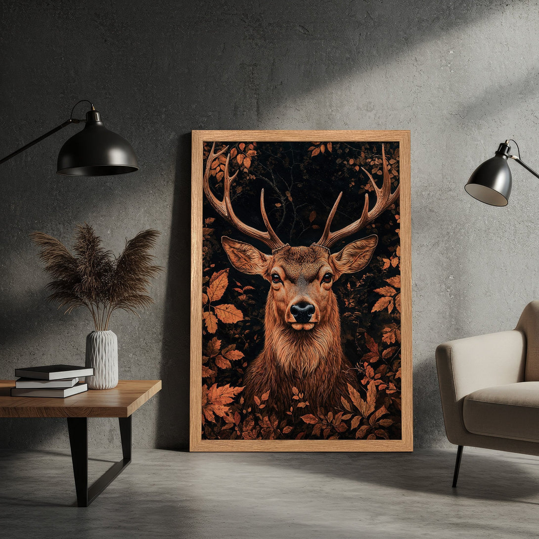 Framed Poster featuring a majestic deer in a warm, autumnal color palette. Perfect for adding a touch of nature-inspired art to your home.