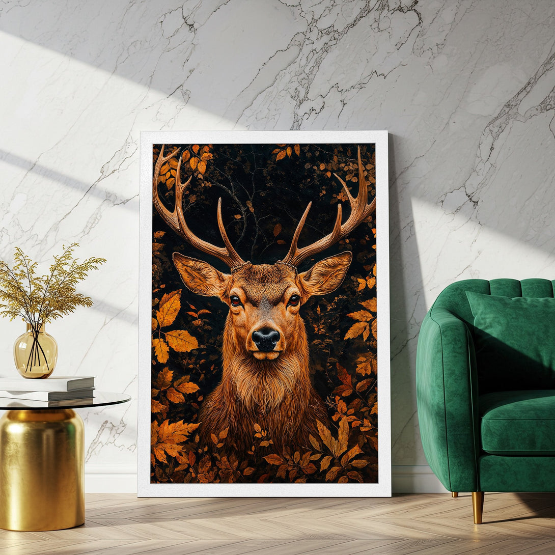 Framed Poster featuring a majestic deer in autumn leaves. Warm color palette perfect for home decor. Shop now!