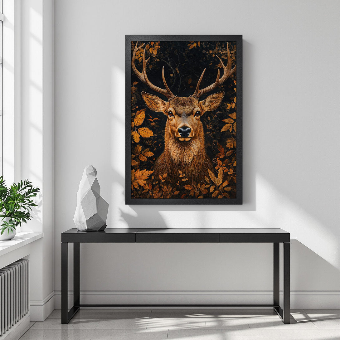 Framed Poster featuring a majestic deer in a forest. Warm, autumnal color palette. Perfect wall art for your home decor.