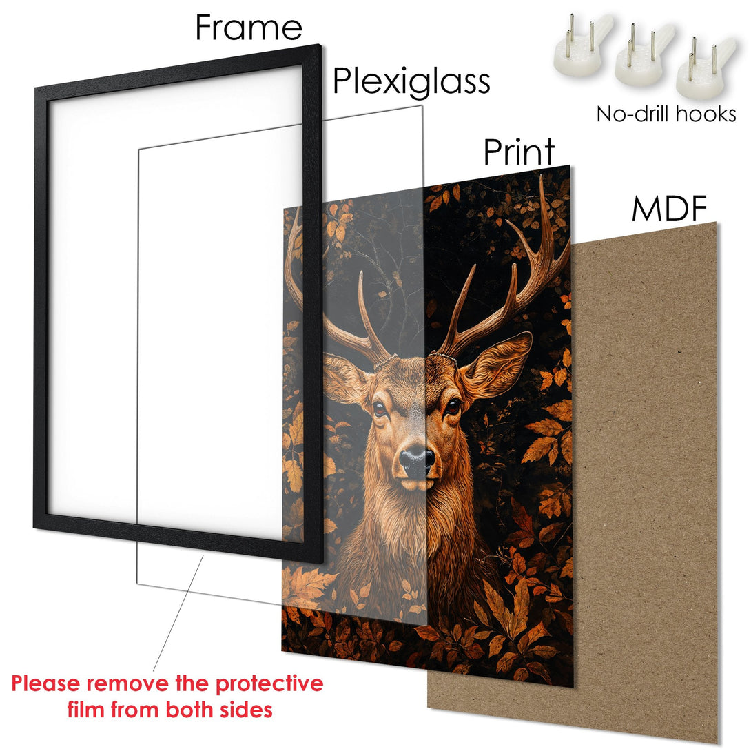 Framed Poster featuring a majestic deer in a forest scene with a warm, autumnal color palette. Perfect wall art!