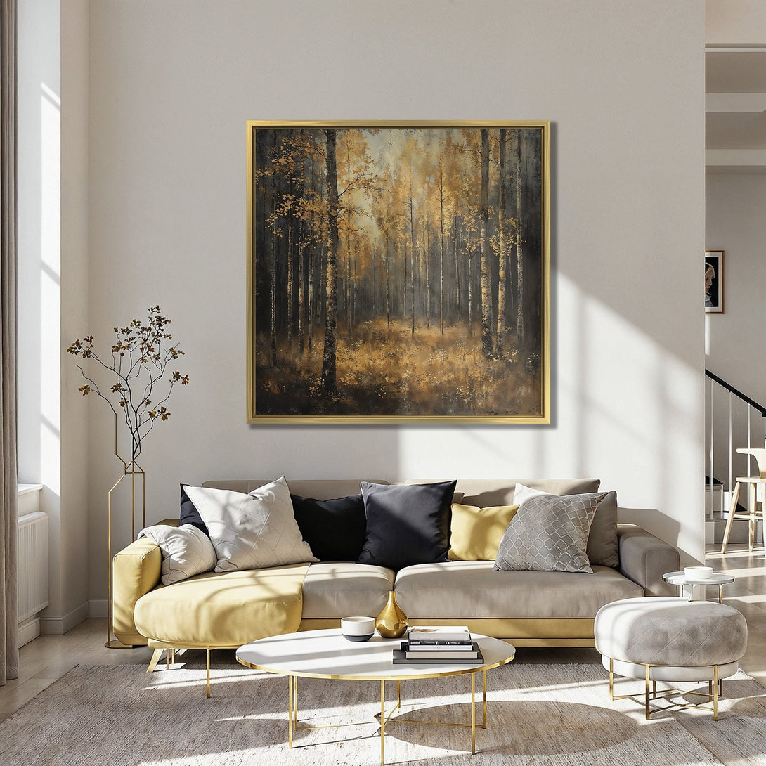 Canvas Print of a serene forest scene in gold and gray tones, adding a touch of nature to any room. Elevate your space with this art piece!