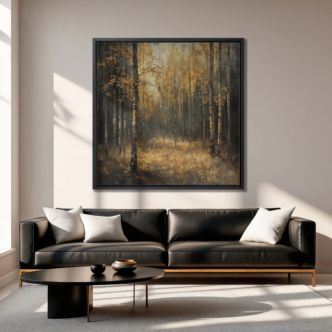 Framed Wall Art: Forest scene in muted gold and black tones. Modern canvas print adds warmth to living room decor. Shop now for nature-inspired art!