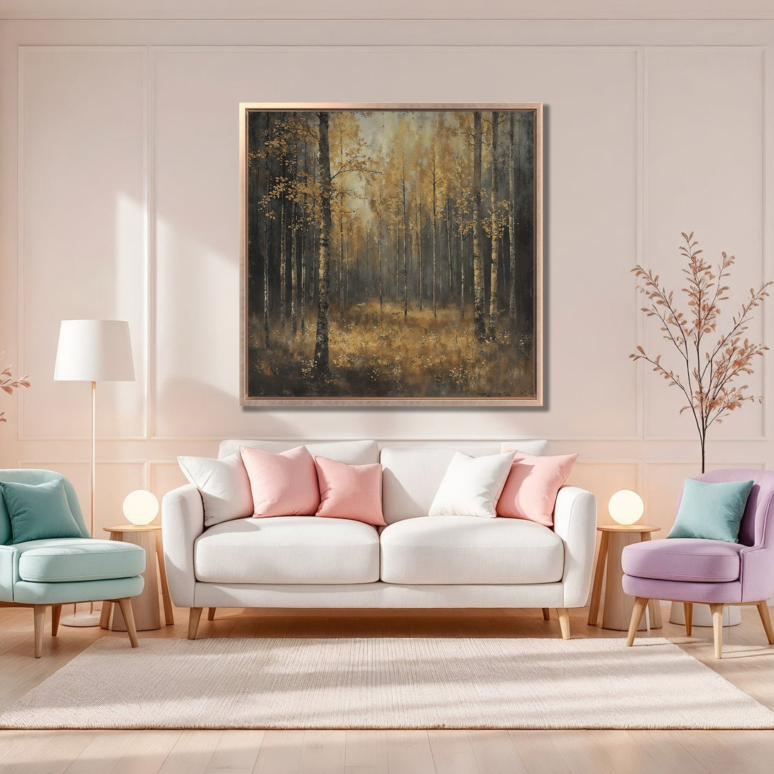 Framed Wall Art: Forest scene Canvas Print in warm, earthy tones. Perfect for adding a touch of nature and elegance to your living room decor.