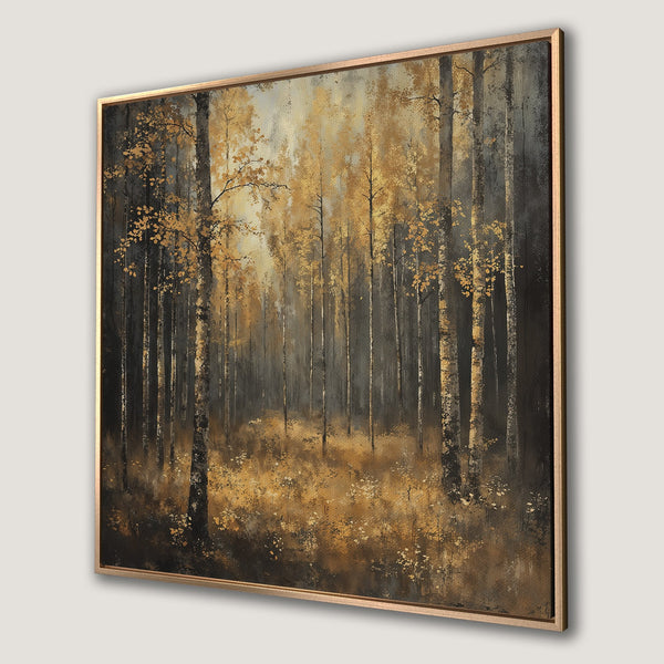 Framed Wall Art featuring a serene forest scene in muted gold and charcoal tones. Add a touch of nature's beauty to your home with this canvas print.