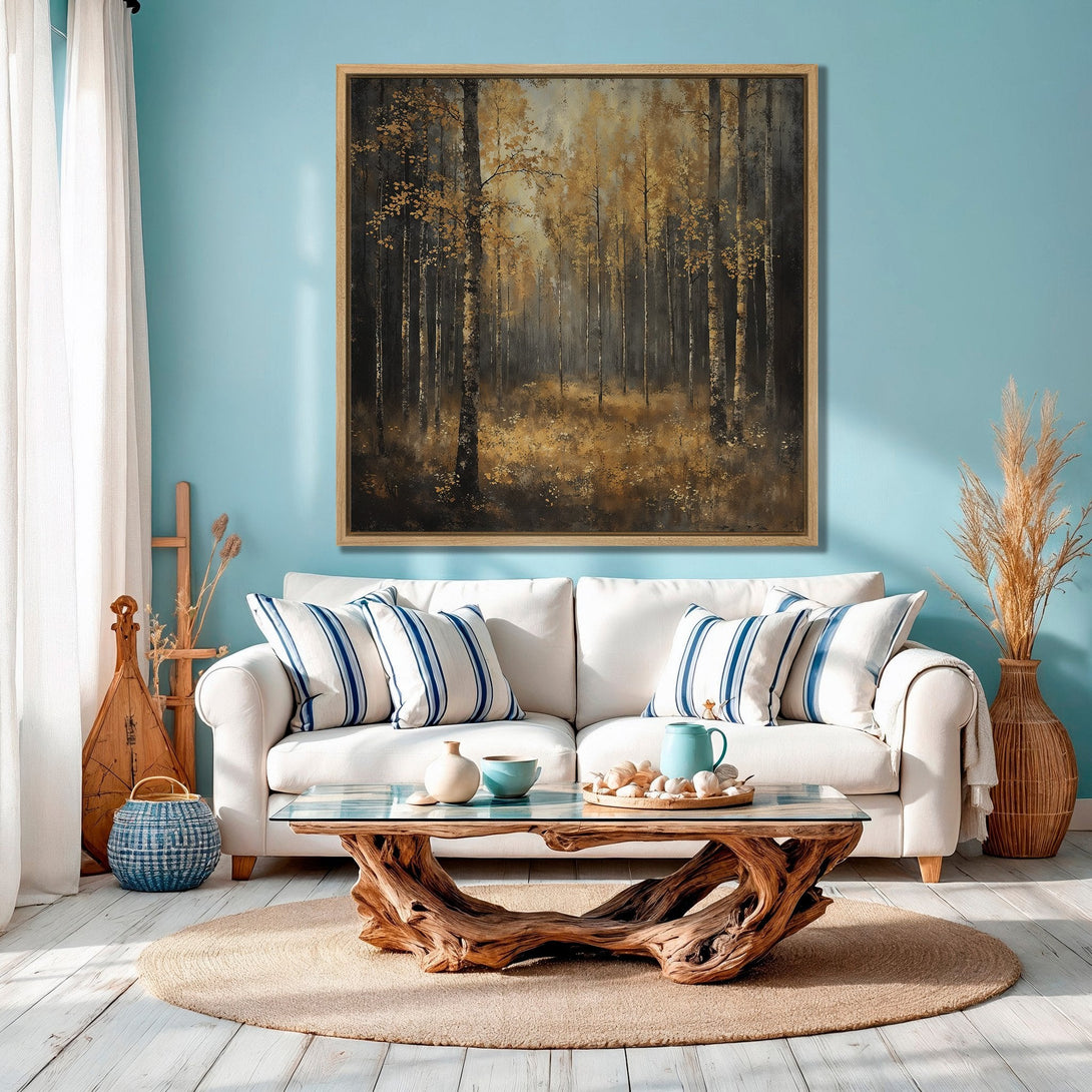 Framed Wall Art: Forest scene Canvas Print in warm gold and brown tones. Perfect for adding a touch of nature and serenity to your living room.
