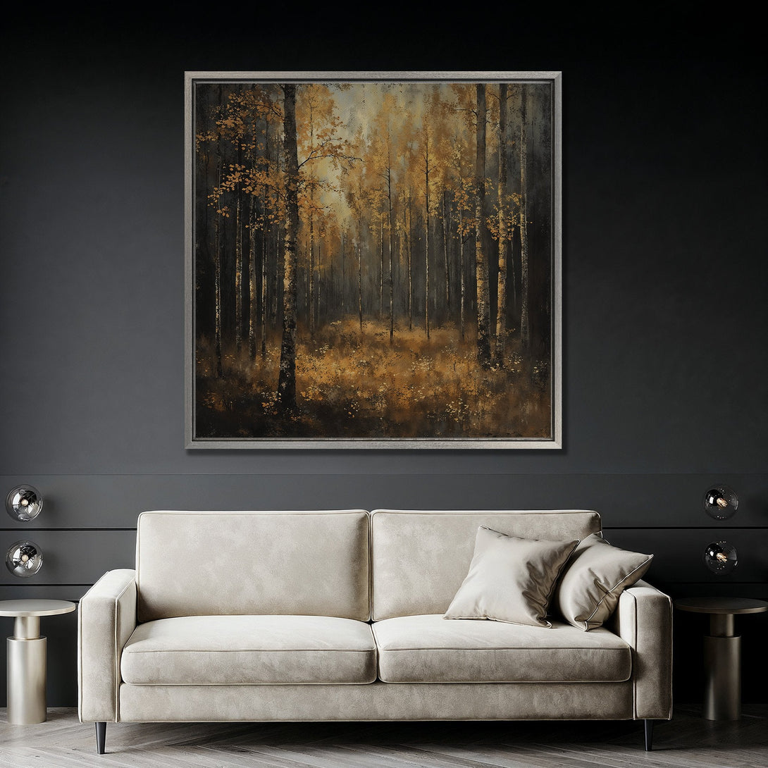 Framed Wall Art: Forest scene canvas print in warm gold and black tones. Modern art for living room decor. Enhance your space with this elegant piece.