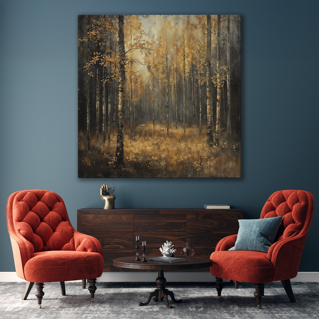 Framed Wall Art: Forest scene Canvas Print with gold and black tones. Modern art for living room decor, featuring a warm, inviting color palette.