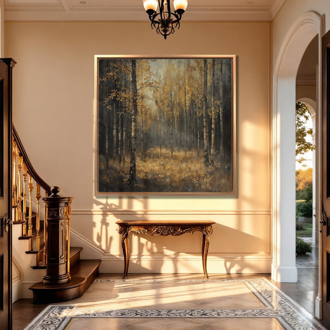 Framed Wall Art featuring a serene forest scene in muted gold and gray tones, displayed in a luxurious interior setting. Elevate your space with this elegant artwork.