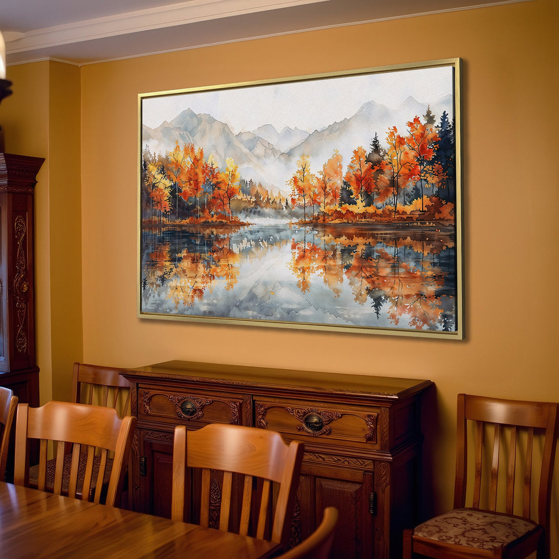 Canvas Print of a serene watercolor landscape with autumn trees and mountains, featuring a warm orange and grey palette.