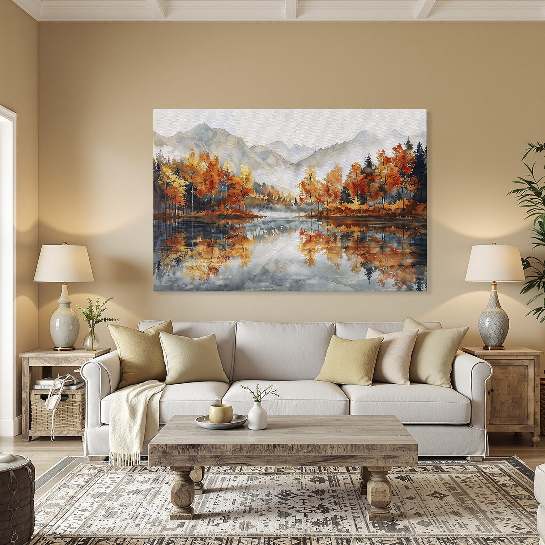 Framed Wall Art: Watercolor landscape Canvas Print with autumn trees in warm orange and gold tones, perfect for home decor.