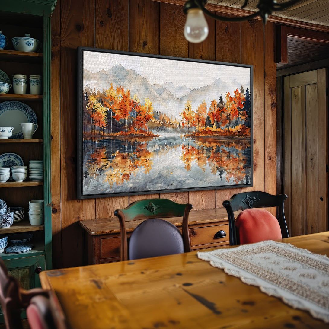 Framed Wall Art: Watercolor landscape Canvas Print with autumn trees and lake. Warm orange, yellow, and blue hues create a cozy interior aesthetic.