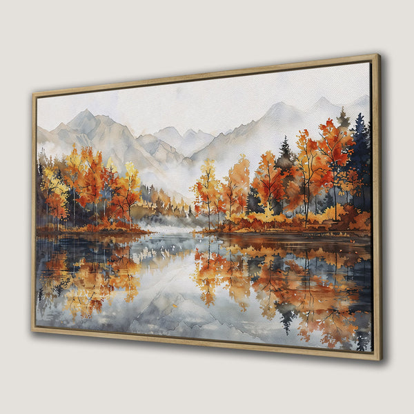 Canvas Print of a serene watercolor landscape with autumn trees, mountains, and a lake. Warm orange, yellow, and blue color palette.
