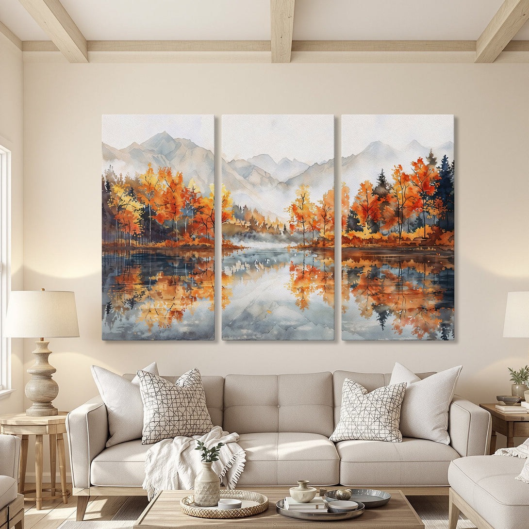 Canvas Print of a watercolor landscape with autumn trees and mountains. Warm orange, yellow, and blue color palette. Perfect for living room decor.