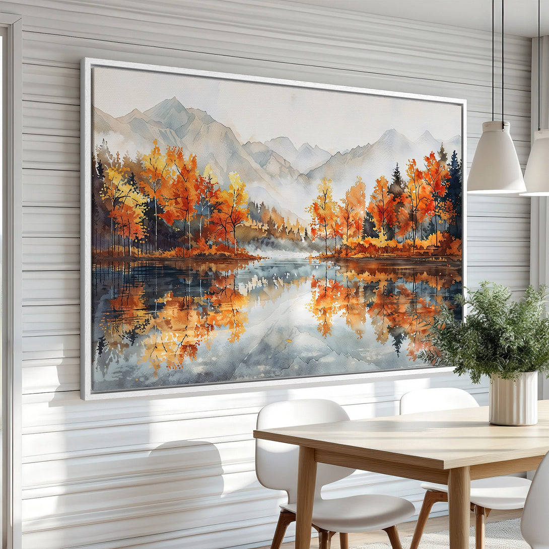 Framed Wall Art: Watercolor landscape Canvas Print with autumn trees in orange and yellow, reflecting in a lake. Serene art for home decor.