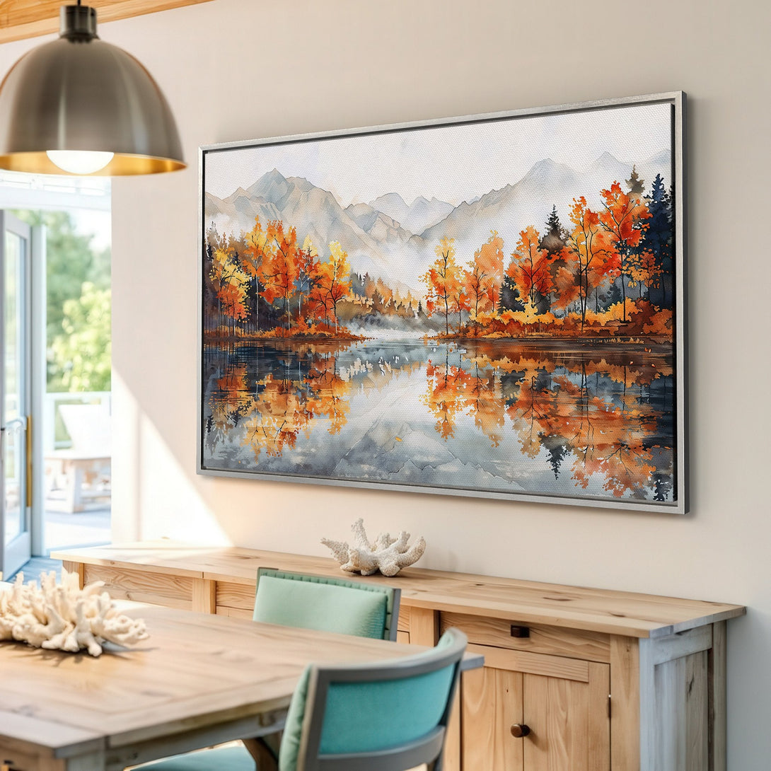 Framed Wall Art: Watercolor landscape Canvas Print with autumn trees and mountains. Warm orange, yellow, and blue color palette. Perfect for home decor.