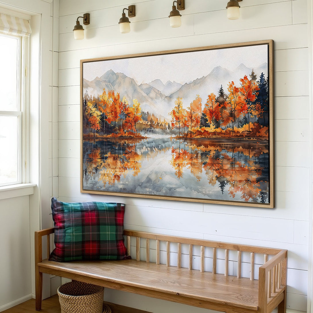 Framed Wall Art: Watercolor landscape Canvas Print with autumn trees & lake. Warm orange, yellow, & gray color palette, perfect for home decor.