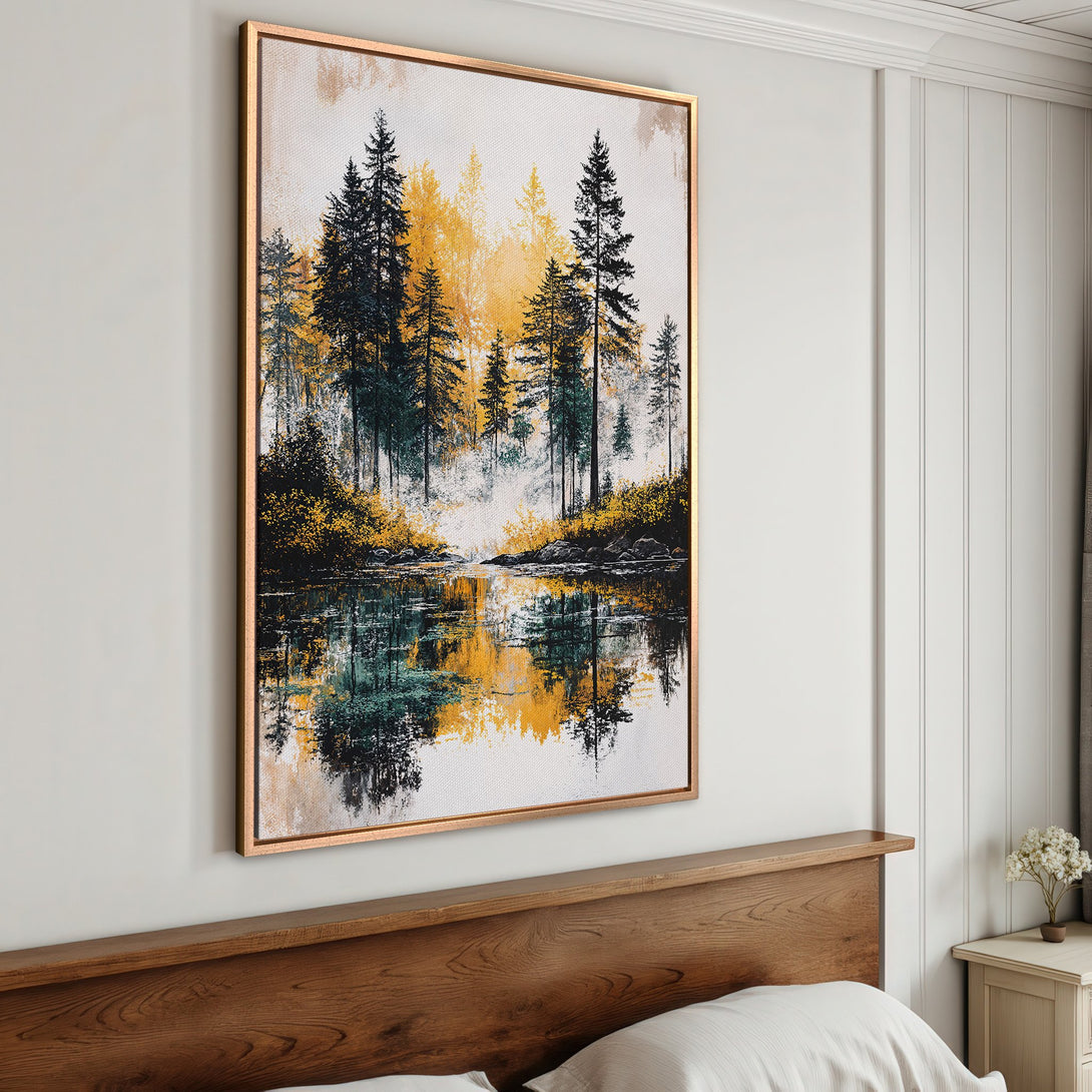 Framed Wall Art: Tranquil forest landscape Canvas Print with gold frame. Featuring a vibrant palette of green, yellow, and black. Perfect for modern home decor.
