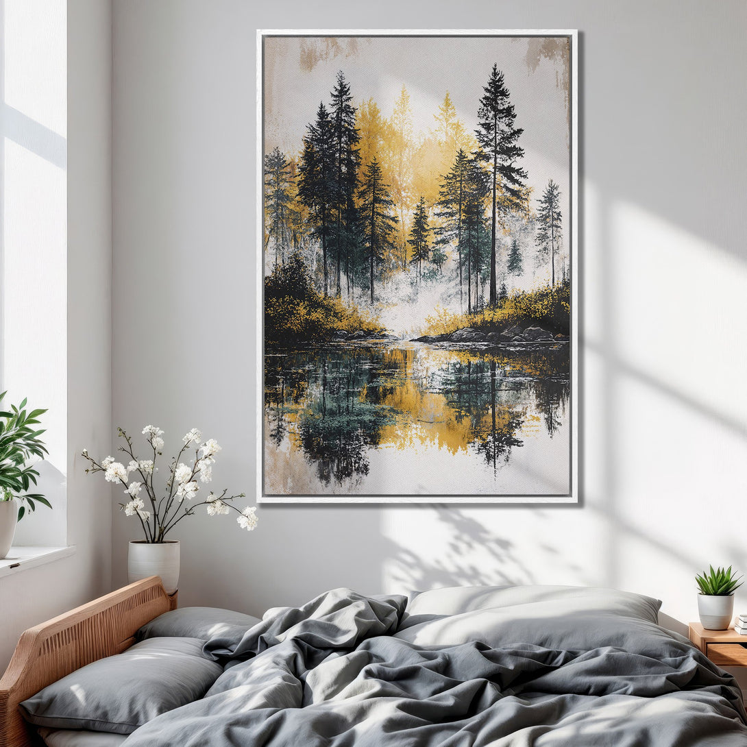 Framed Wall Art: Serene forest landscape canvas print with yellow and green hues. Perfect for adding a touch of nature-inspired art to your bedroom decor.