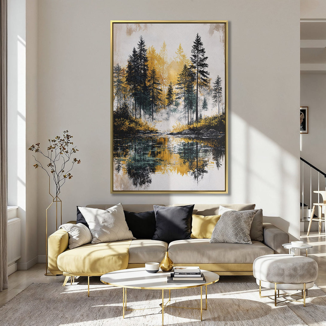 Canvas Print: Forest landscape art with yellow and green tones. Modern wall decor for living room or bedroom.