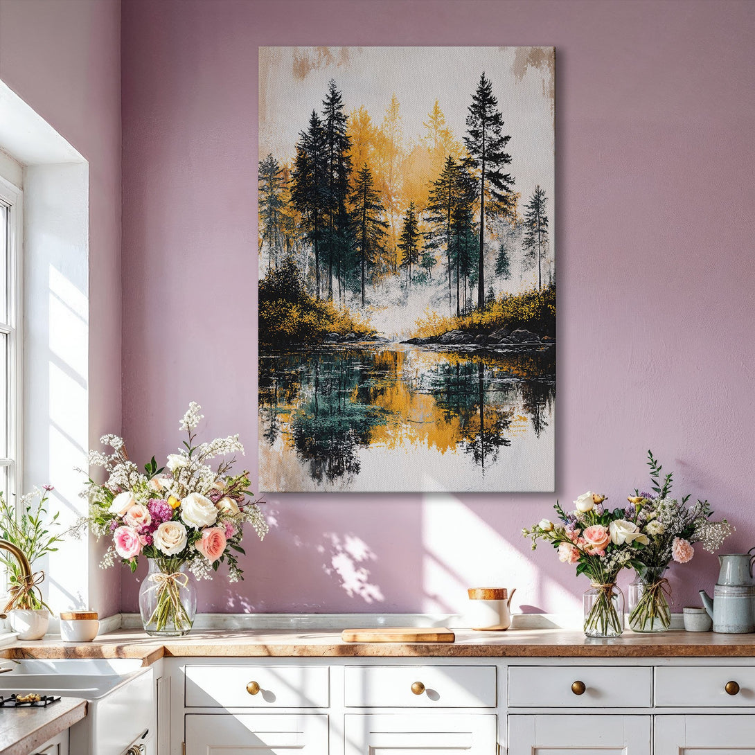 Framed Wall Art: Stunning landscape Canvas Print featuring a forest scene with a gold and green color palette, perfect for modern home decor.