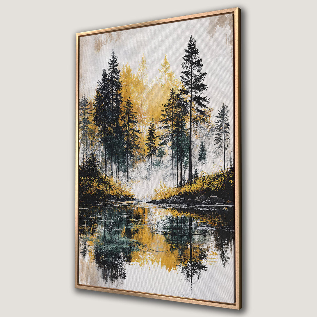Framed Wall Art: Serene forest landscape Canvas Print with gold, black, and yellow hues. Perfect nature-inspired decor for your home!