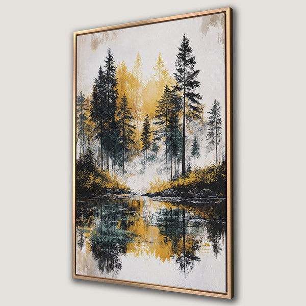 Framed Wall Art: Serene forest landscape Canvas Print with gold, black, and yellow hues. Perfect nature-inspired decor for your home!