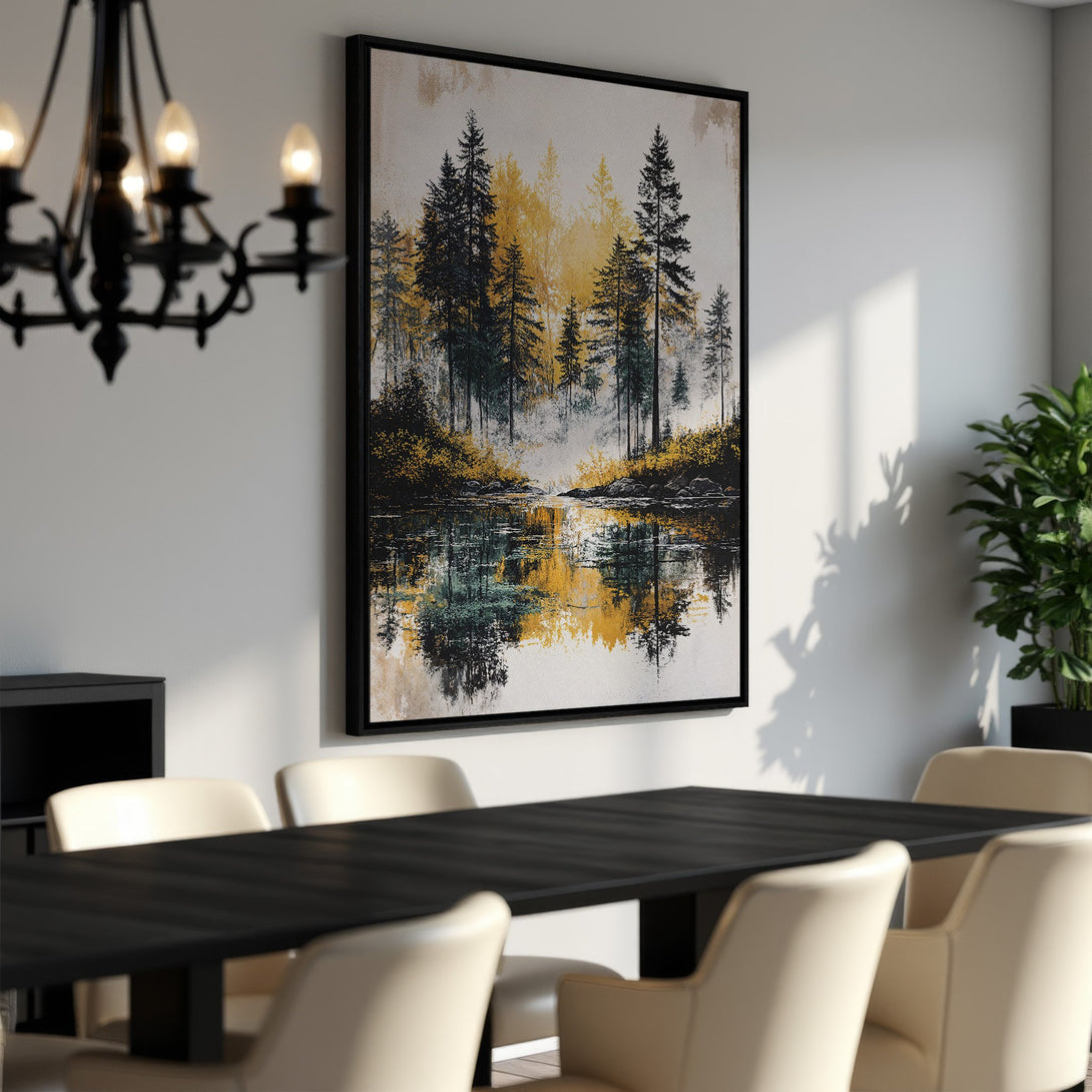 Framed Wall Art: Forest landscape Canvas Print with a tranquil lake scene. Features a warm yellow and green color palette, perfect for adding a touch of nature.
