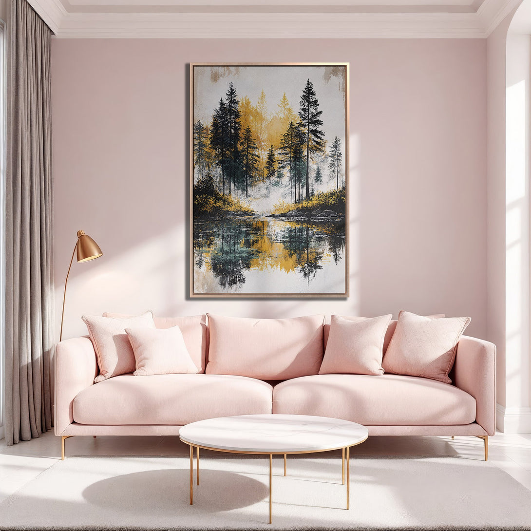 Framed Wall Art: Abstract landscape Canvas Print in a gold frame, featuring a forest scene with green and yellow tones, displayed in a pink interior.