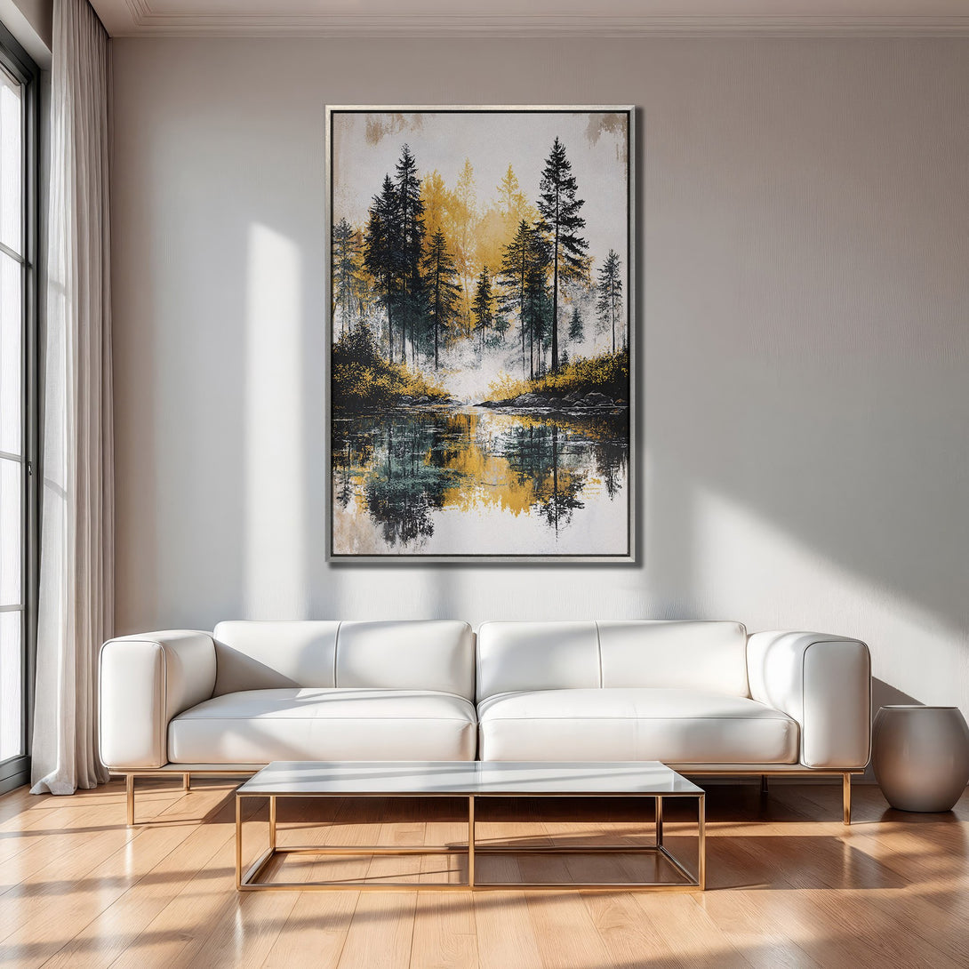 Framed Wall Art: Abstract forest landscape in gold, black, and green tones. Modern canvas print adds a touch of nature to any room.