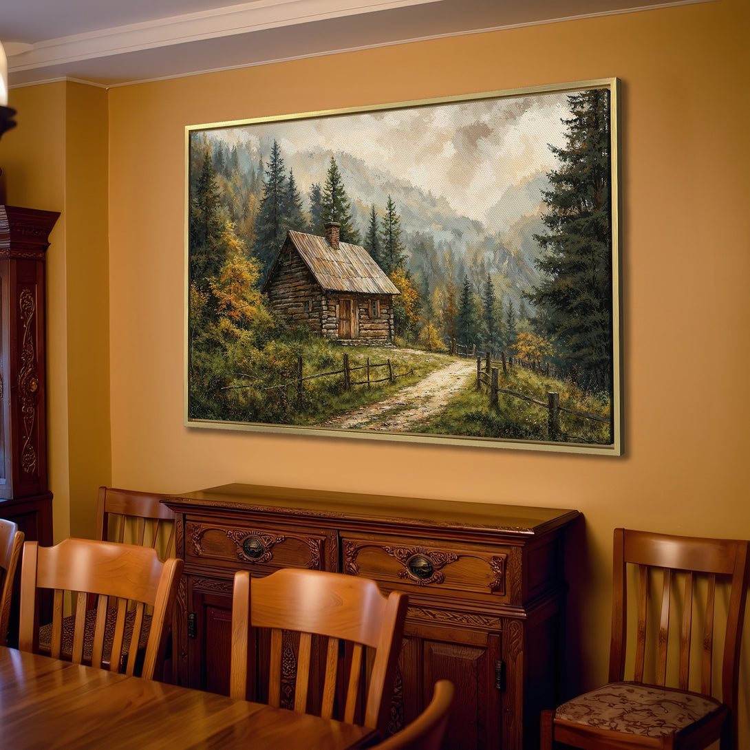 Canvas Print of a cozy cabin in the woods, rustic style with warm earth tones and a touch of autumn colors. Perfect for your living room!