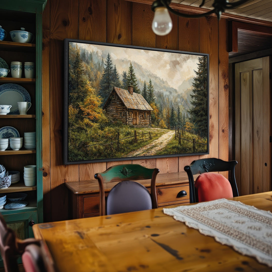 Framed Wall Art: Rustic cabin landscape canvas print in warm earth tones. Perfect for cozy interiors, adding a touch of nature and charm.