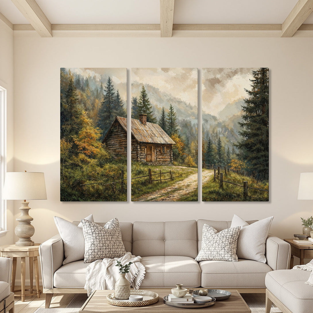 Canvas Print of a rustic cabin in a forest, featuring warm earth tones and a serene landscape. Perfect for adding a touch of nature to your home.