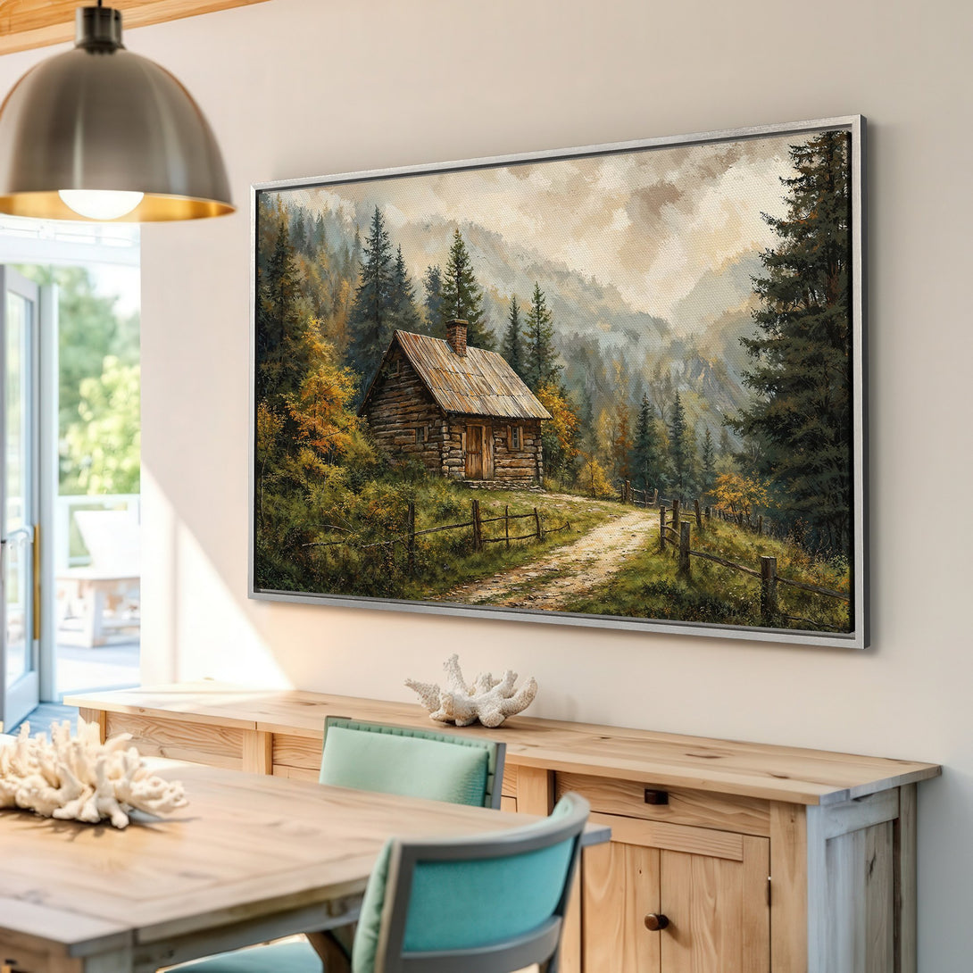 Framed Wall Art: Rustic cabin landscape in warm earth tones. Perfect for adding a cozy, natural feel to your home.