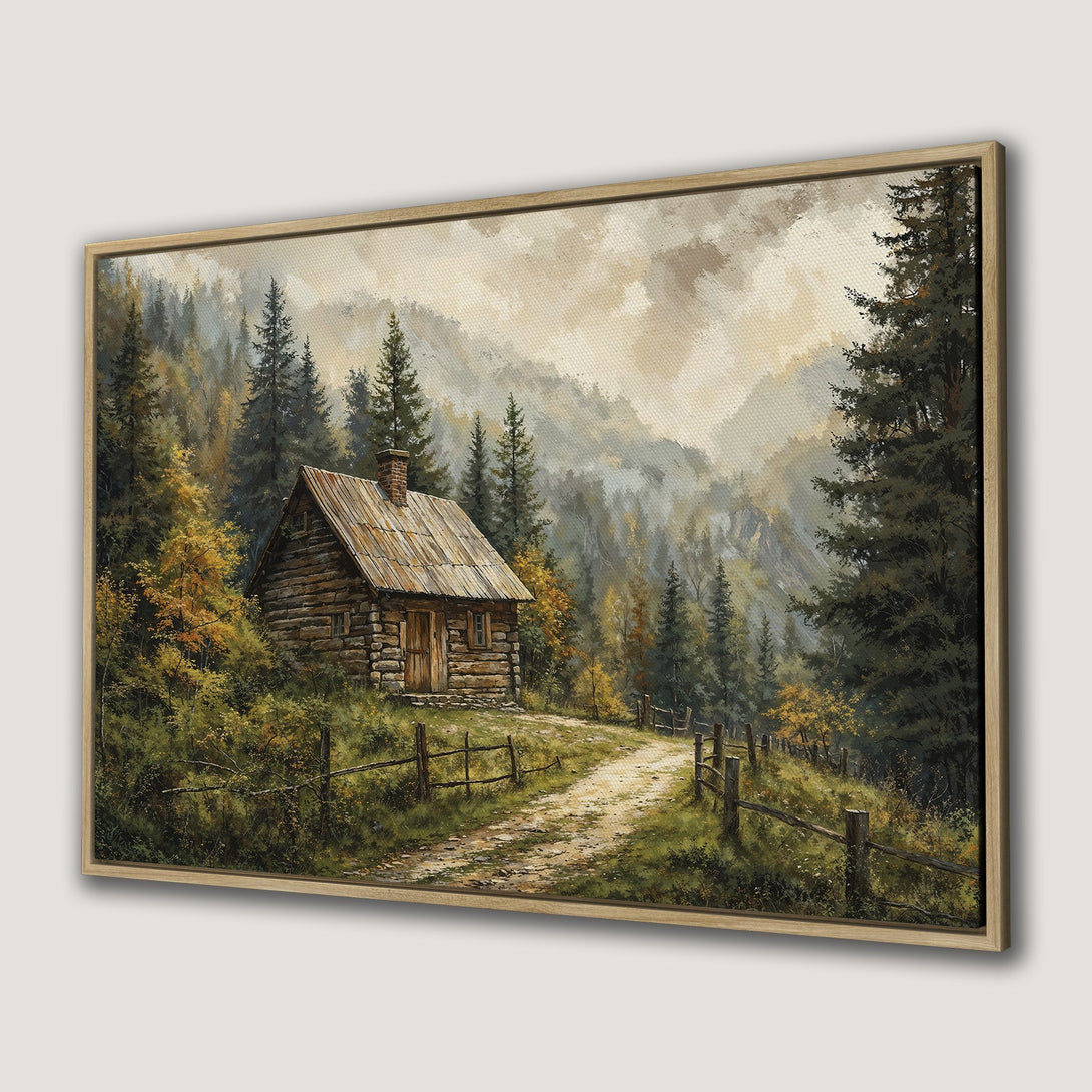 Framed Wall Art: Rustic cabin landscape painting in warm earth tones. Bring the cozy charm of nature into your home!