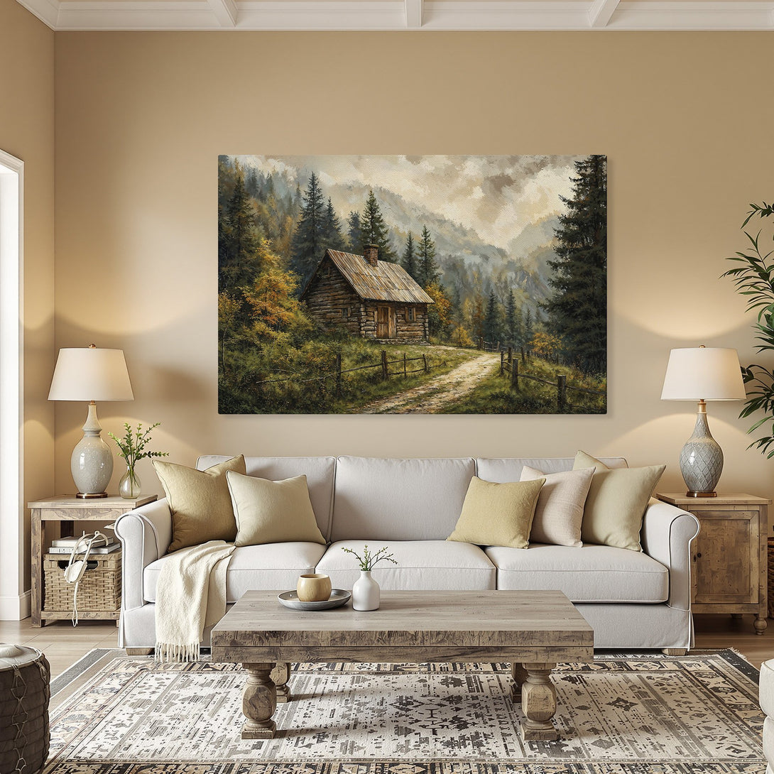 Framed Wall Art: Rustic cabin landscape in warm earth tones. Perfect for cozy interiors. Enhance your home decor with this beautiful canvas print.